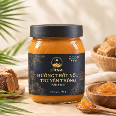 Hũ đường thốt nốt sệt Nốt Nam 750g nắp đen, cạnh chén đường thốt nốt sệt màu cánh gián