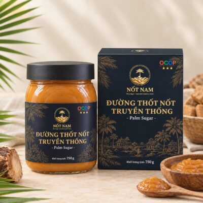 Hũ đường thốt nốt truyền thống Nốt Nam 750g kèm hộp giấy đen viền vàng, cạnh muỗng đường thốt nốt sệt